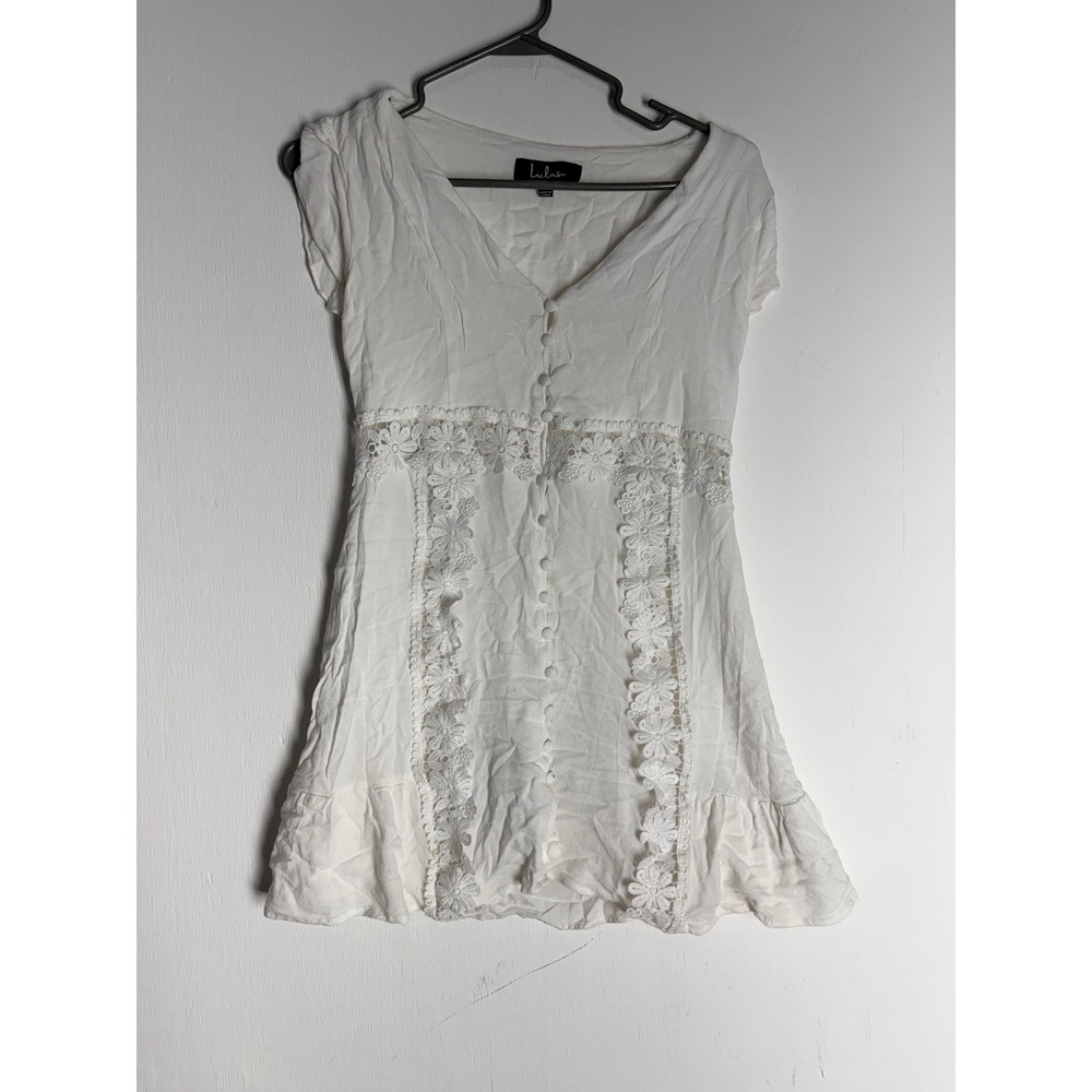 Lulus White Lace Mini Dress Button Front Boho Ruffle Hem V-Neck Size M